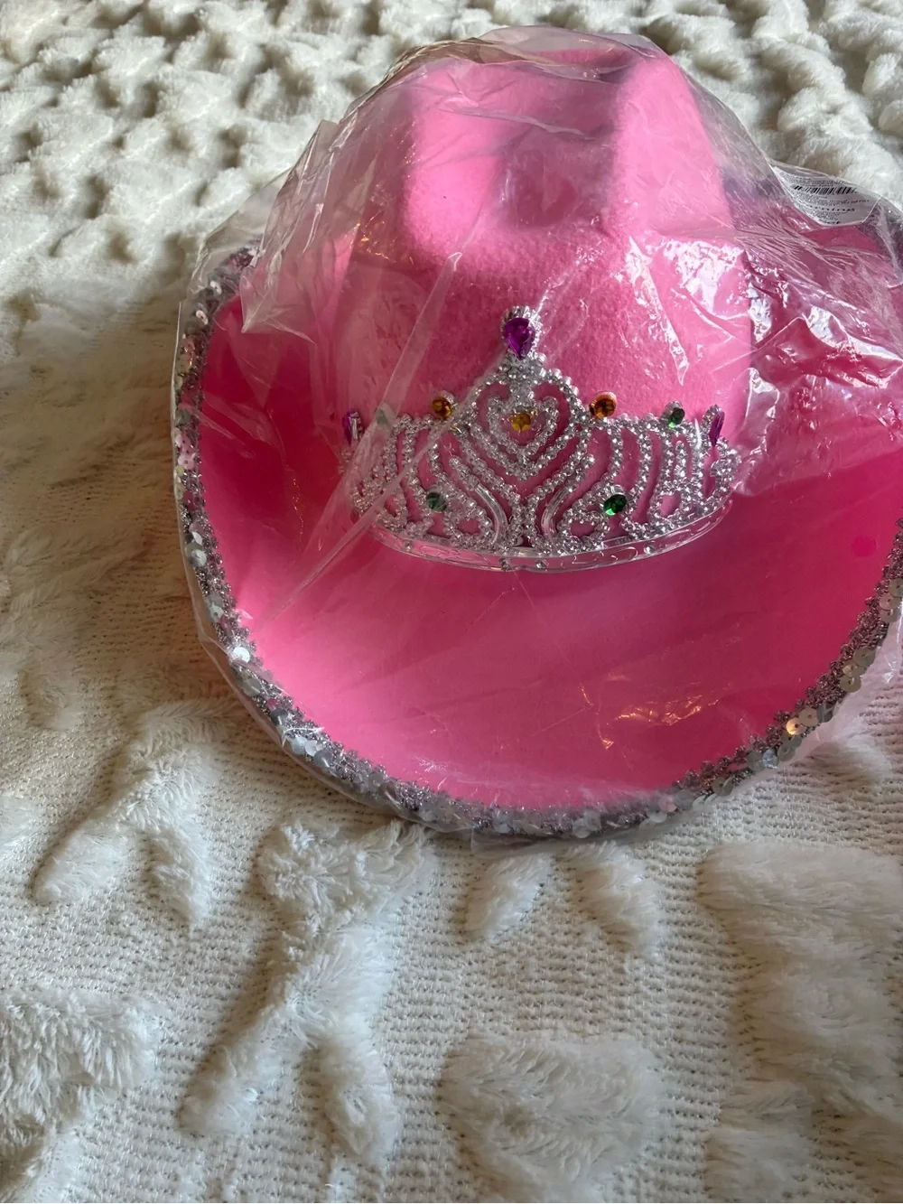 Pink Princess Cowboy Party Hat with Rhinestone Tiara - Party Accessory